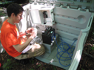 JV Loperfido in the field during a two-year Mendenhall postdoctoral fellowship.  Apart of the U.S. Geological Survey team in Reston, VA, Loperfido studies how contrasting stormwater management strategies can reduce nutrient and sediment pollution for urban areas.