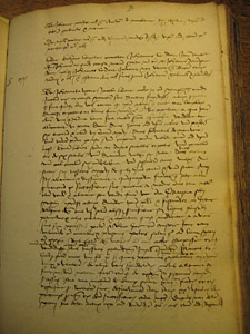 Page of a register of cases from the Parisian archdeacon’s court (Z1o4 folio13 recto from the Archives Nationales de Paris). This particular page holds cases from Monday May 12, 1477. The 4th case, which continues onto the next page, is a separation case brought by a woman named Johanneta against  her husband Jacob (the last name looks to be Libart).   —Photo by Kristi DiClemente