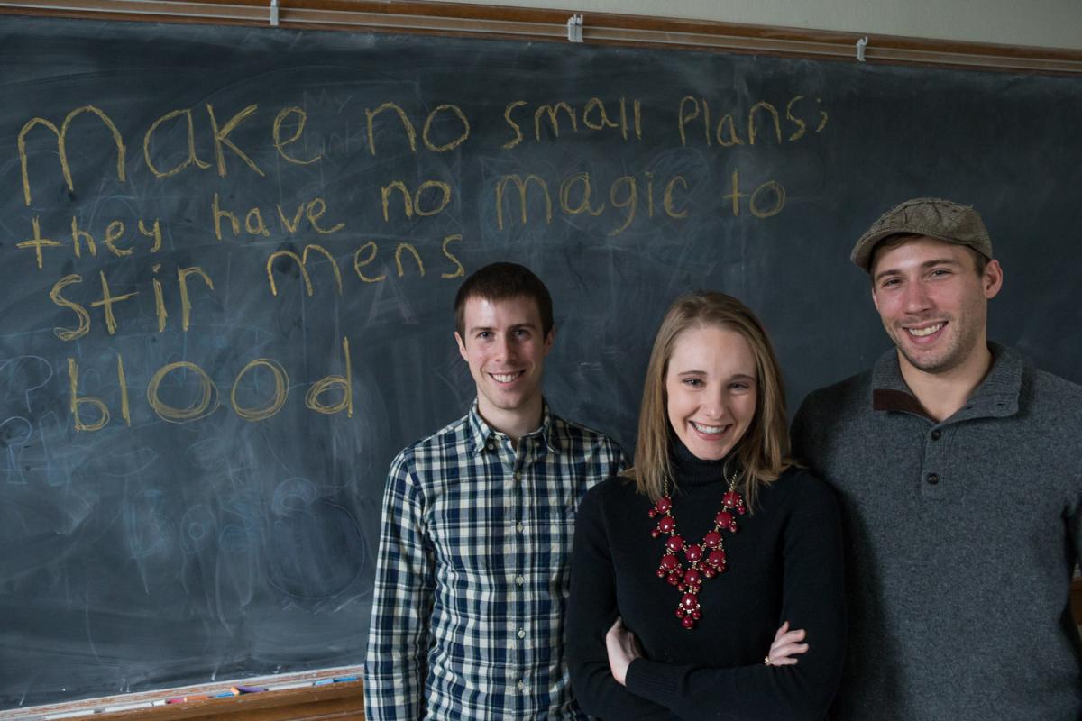 Former and current University of Iowa graduate students (from left) Charlie Nichols, Elizabeth Bledsoe, and Adam Plagge.