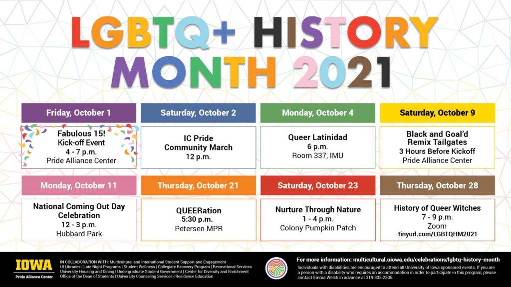 "LGBTQ+ History Month 2021" written in rainbow colors with list of events for the month underneath