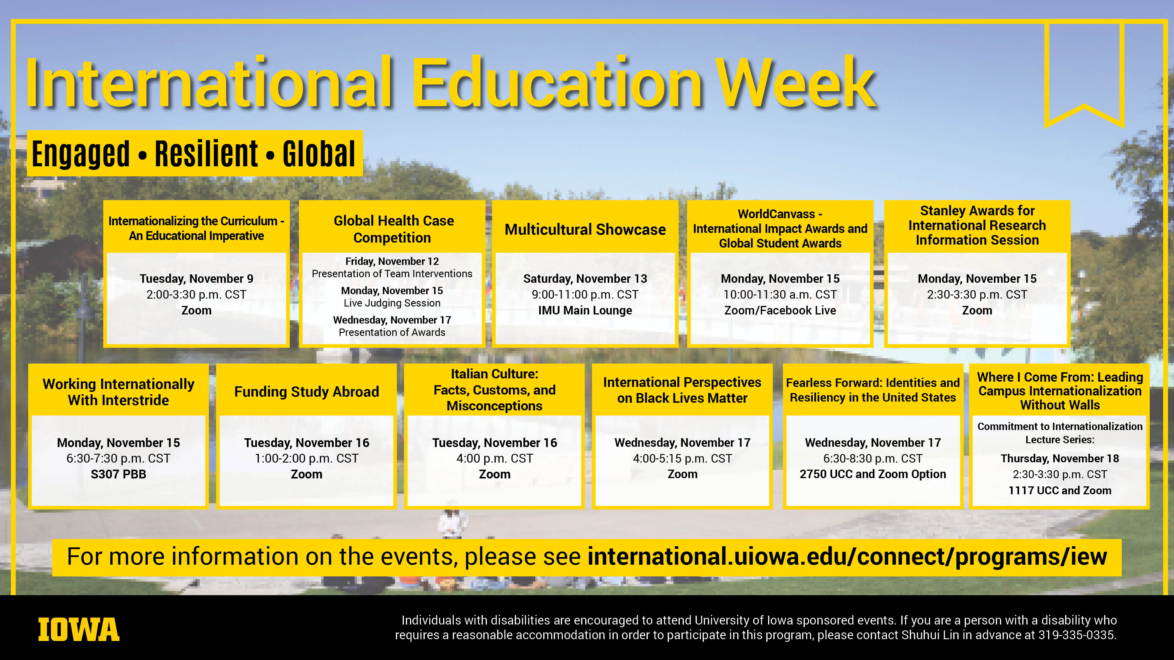 International Education Week schedule of events. Yellow blocks lined up, each block has information about an event.