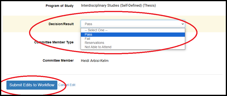 Screenshot of the exam workflow editing screen with a drop-down for exam votes circled.