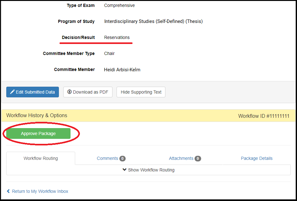 Screenshot of an edited exam workflow form with the "submit edits to workflow" button circled.