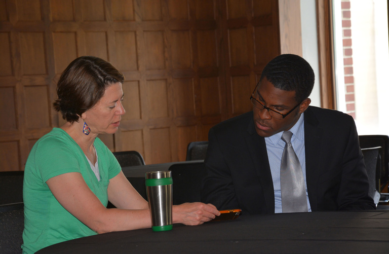 School of Music Professor Mary Cohen talks with her SROP mentee Willord Simmons.