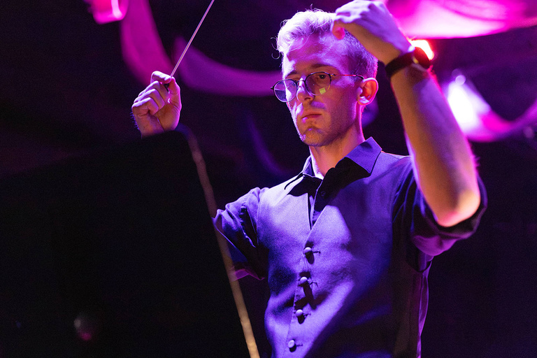 Blake Cordell conducting his jazz ensemble at The James